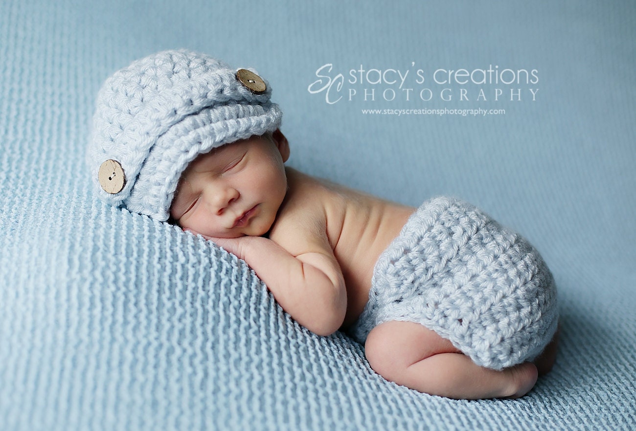 Crochet Baby Newsboy Hat, Crochet Baby Hat, Diaper Cover and Hat, Baby Beanie, Boy Beanie, Newborn Newsboy Cap, Infant Diaper Cover, Blue