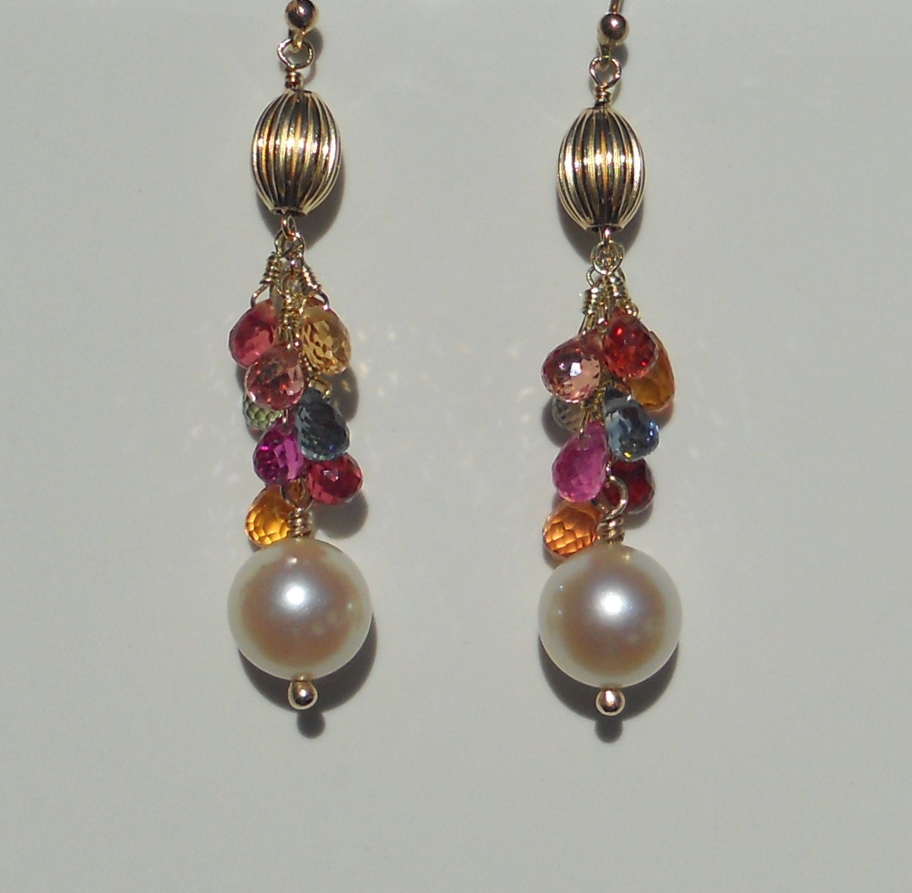 Fancy Multi Sapphire Briolette and Natural Saltwater Akoya Pearl Drop Earrings in Solid 14K Gold