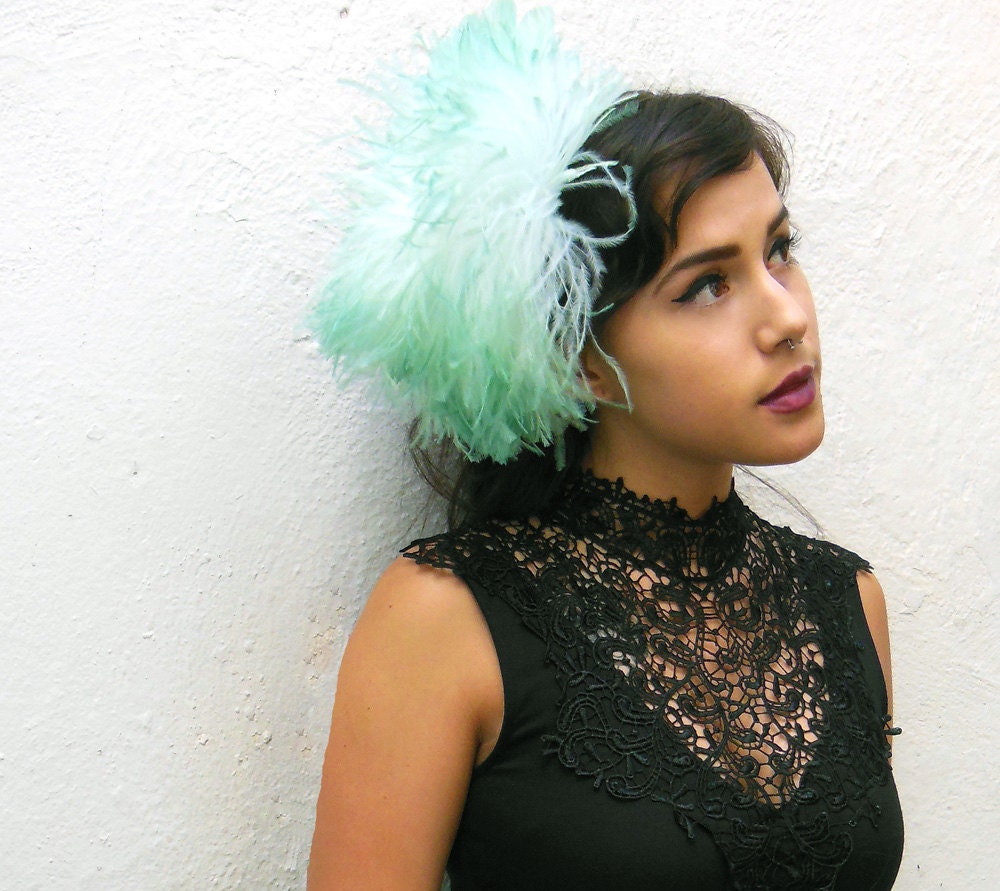 Light Green Ombre Ostrich Puff, Feather Fascinator, Unique Bridal, Head Piece, Hair Clip , Halloween Costume, Batcakes Couture