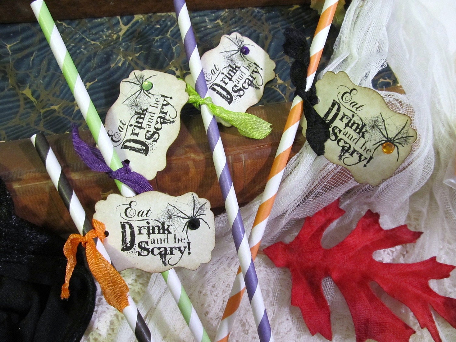 Halloween Paper Party Straws - Eat Drink and Be Scary Tags - Set of 18 - Choice of Straws and Ribbons