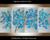 Original Contemporary Fine art Landscape Tree Painting Heavy Texture Impasto Metallic Silver Palette Knife "Silver Blossoms" BY QIQIGALLERY