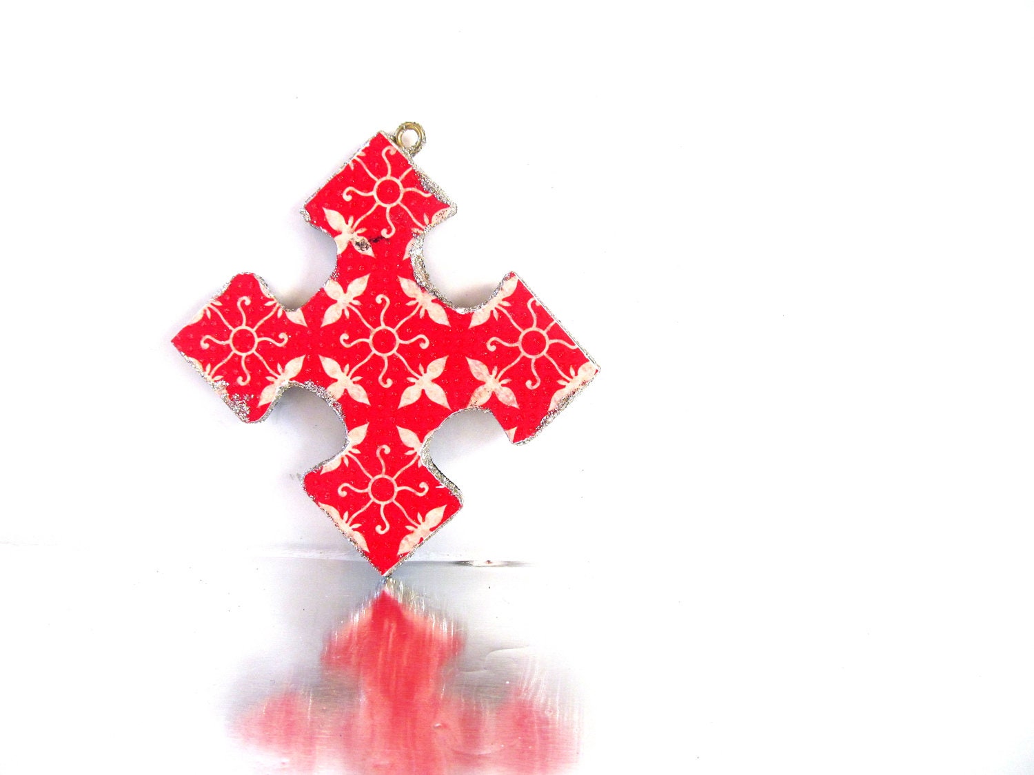 Red and White and Black  Decoupage Up-cycle Puzzle Piece Ornaments Can be Personalized.
