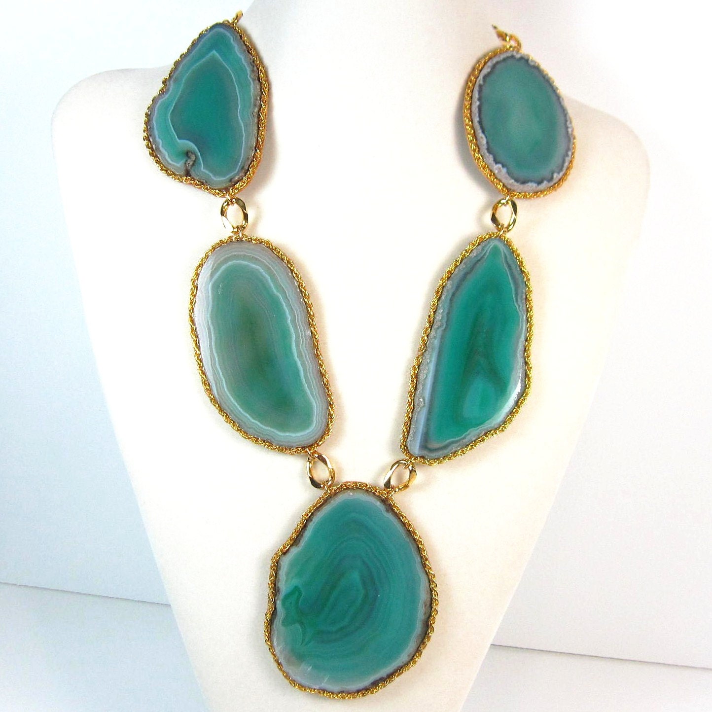 Statement necklace Green Agate Geode Druzy gold handmade necklace statement jewelry by Ezzaexclusive