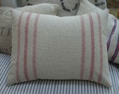 Cottage Grainsack Look Linen Pillow 14x18 Triple Stripe Paris Shabby Chic