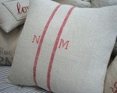 Cottage Pillow Vintage Grainsack 20" Down & Feather Red Stripes Cottage Shabby Chic