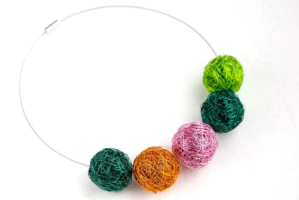 wire wrapped beads necklace, handmade beads in light green, forest, rose, orange handcrafted unique jewelry, on a wire choker, lightweight