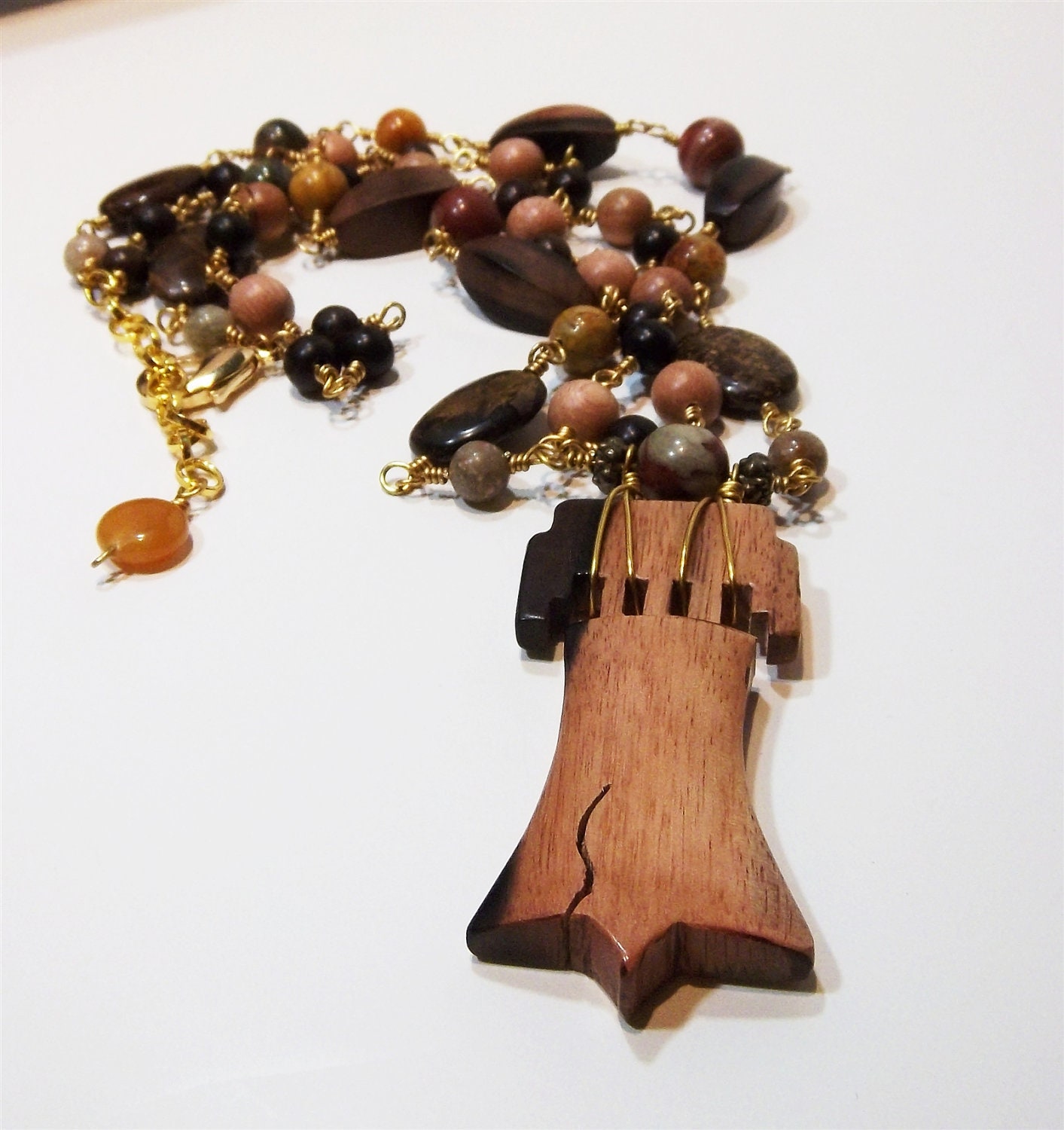 Liberty Bell two-strand artisan wood and agate statement necklace set with bonus