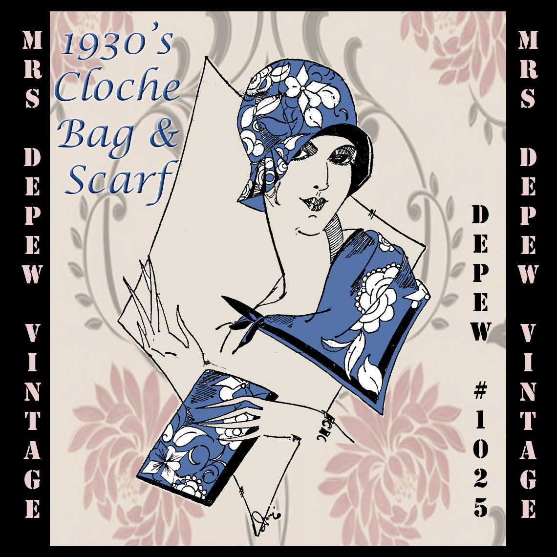 Vintage Sewing Pattern French 1930's Cloche Hat, Clutch Bag and Scarf PDF Depew 1025 -INSTANT DOWNLOAD-