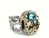 Steampunk Ring - Beautiful Vintage Clockwork Ring Design & Light Aqua Marine Blue Swarovski Crystals - PROMPTLY SHIPPED - Steampunk Jewelry