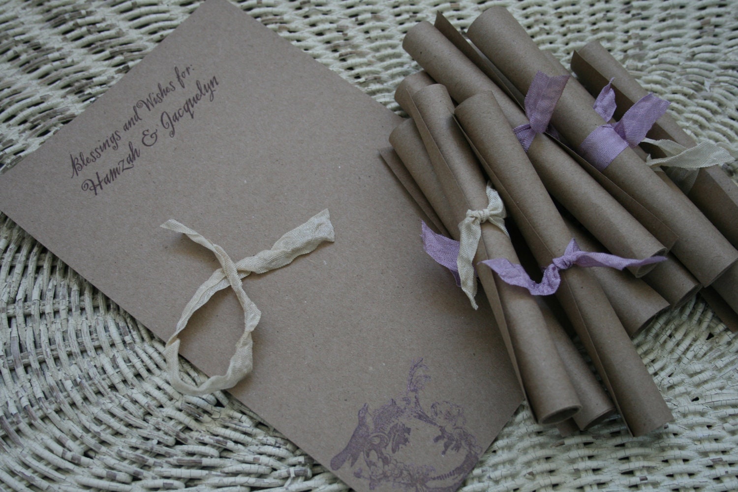 WEDDING PROGRAM -  Menu, Guest book, Wedding wishes - Alice in Wonderland or French Theme - Scroll style with ribbon -  vintage,  style
