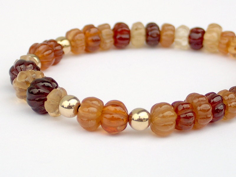 Carved Hessonite Garnet Melon Rondelle Gold Filled Bead Stretch Bracelet