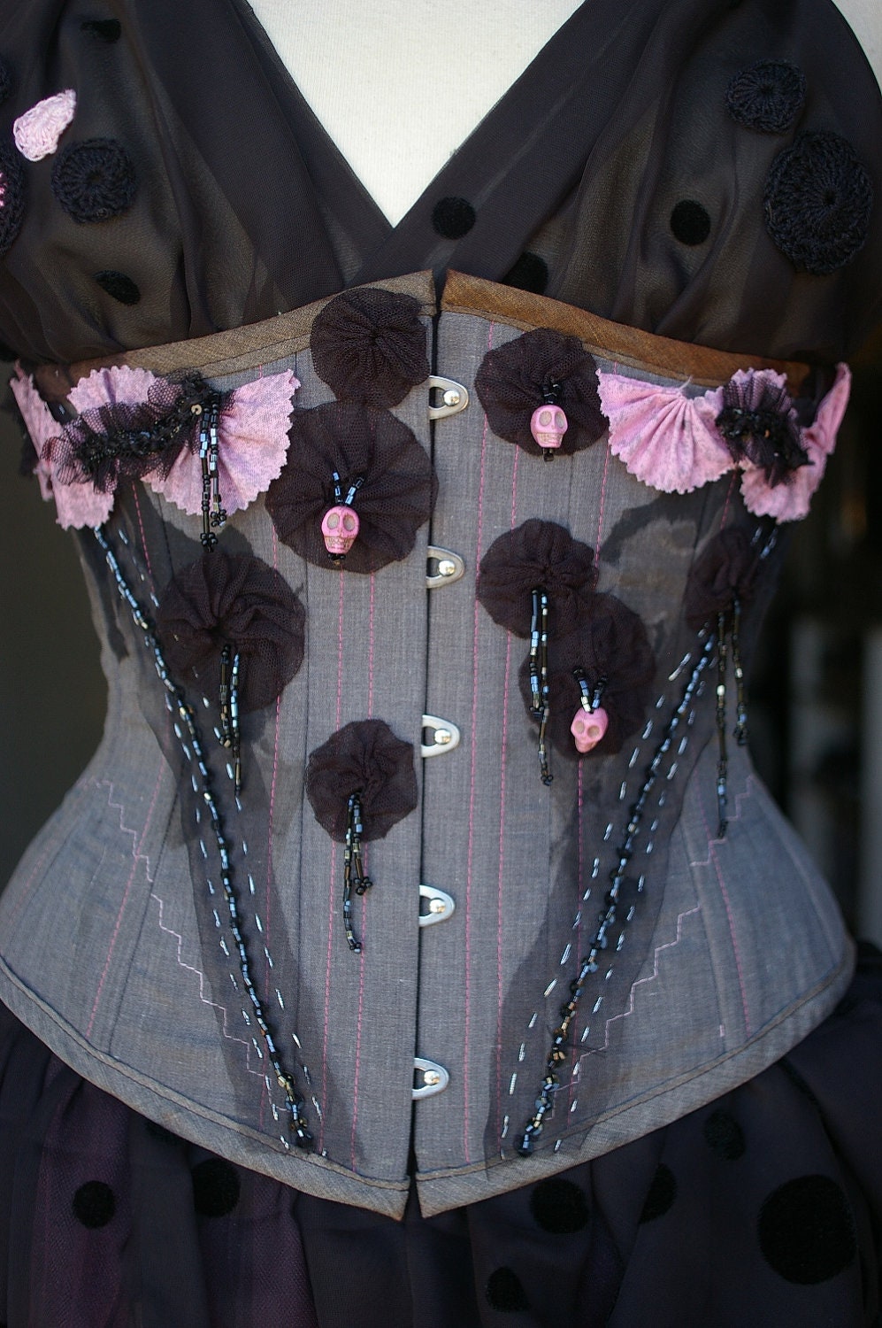Underbust Upcycled Reclaimed Repurposed SHIP NOW Adorned ooak Pink and Black Corset with Pink Skulls