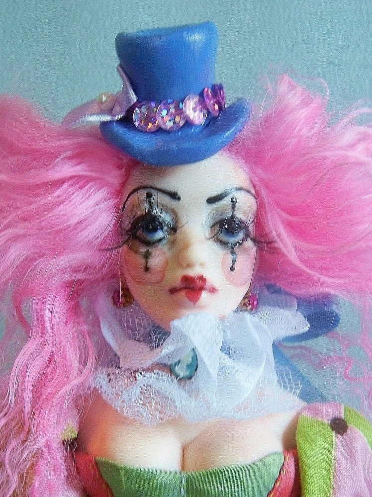 Bluette the Clown OOAK Posable Polymer Clay Art Doll by Moninesfaeries