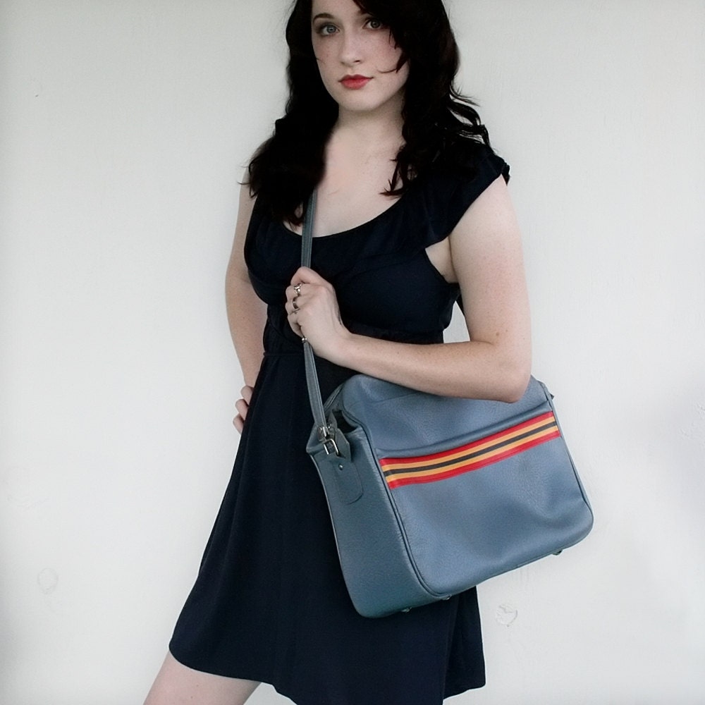 VINTAGE Cornflower Blue Messenger Bag or Tote with Orange Red and Yellow Racing Stripes LUGGAGE Amelia Earhart