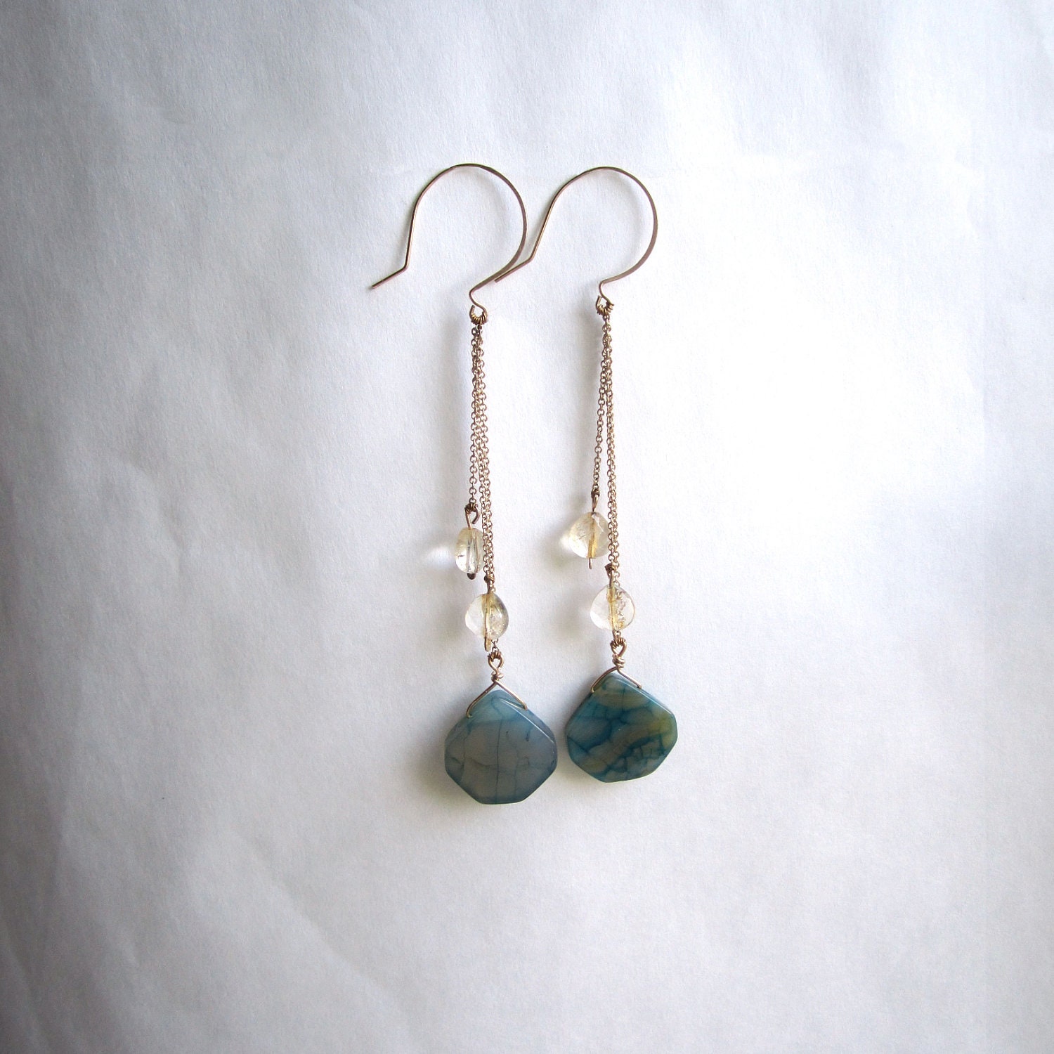 teal agate and citrine drop earrings with chain accent