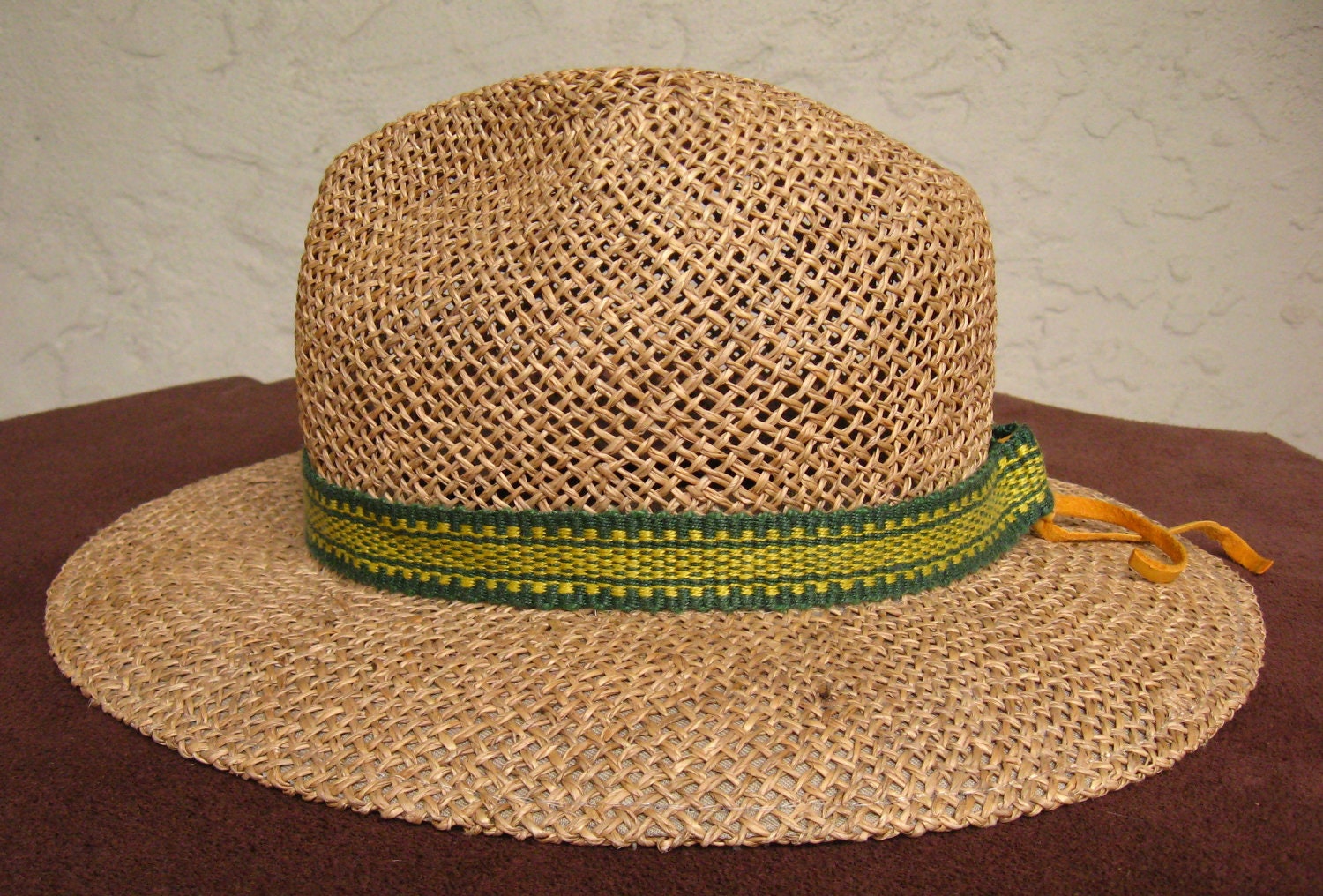 Hatband, Handwoven, Green Cotton and Yellow Linen