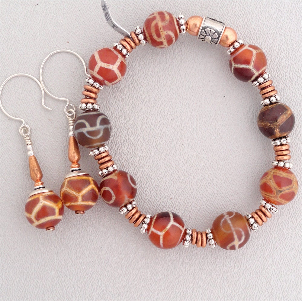 Etched Carnelian Bracelet and Earring Set  7 1/2 inches