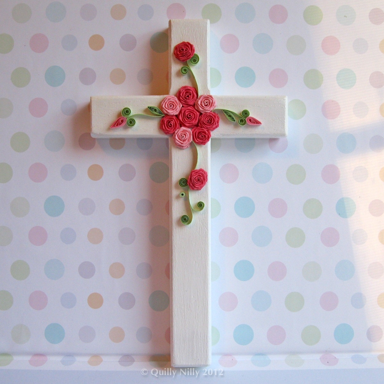 Paper Quilled Embellished Wood Cross with Roses, Decorative Wall Hanging, READY TO SHIP