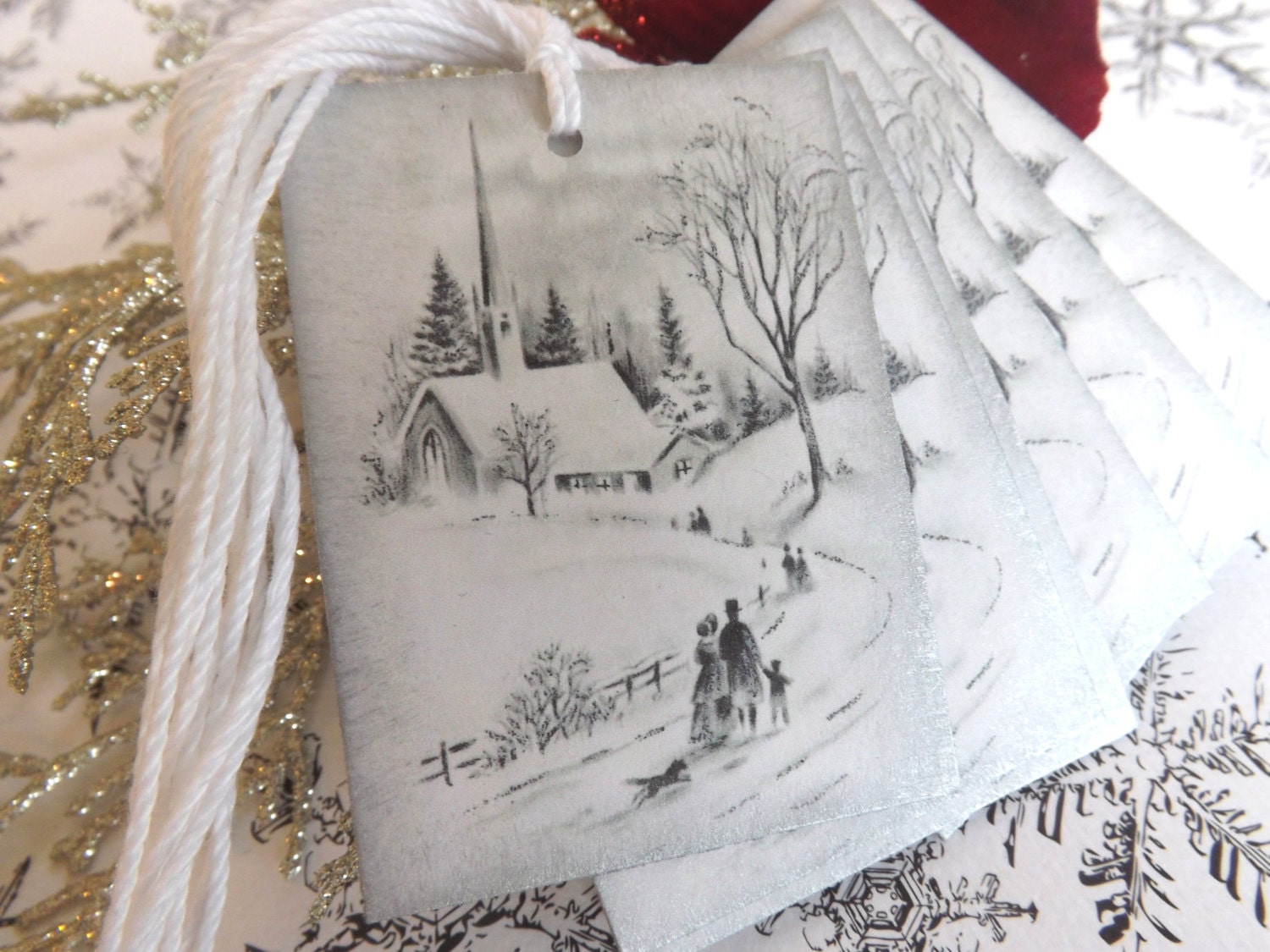 White and Silver Snowy Church Scene Christmas Gift Tags // Vintage Christmas Image // Set of 6