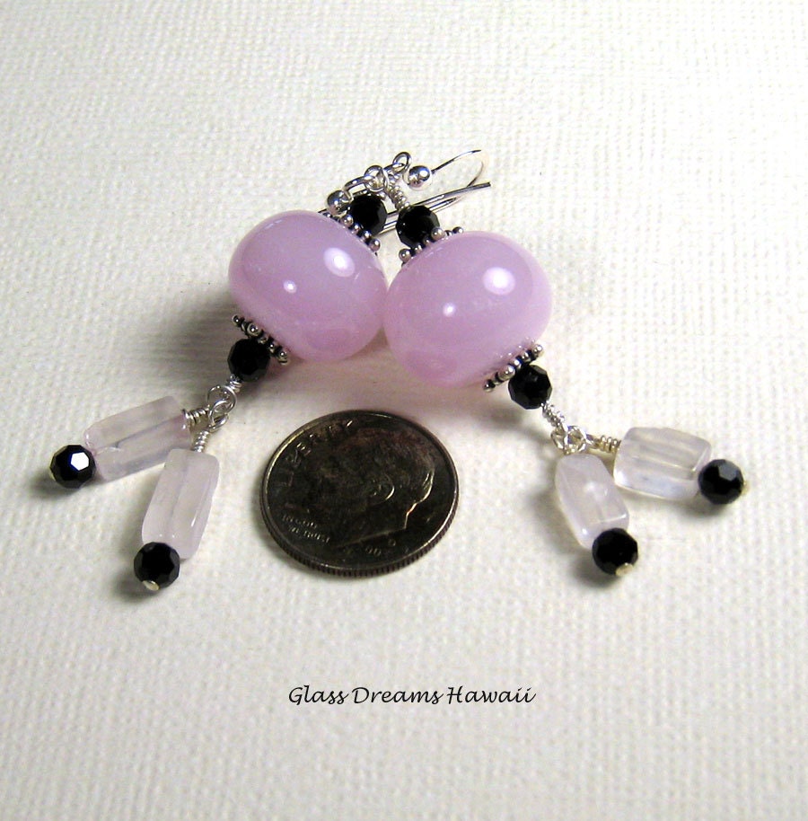 Handmade Lampwork Glass Dangle Earrings, Pink & Black, Round Shape,  SRA, LE Team