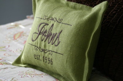 Burlap Pillow Embroidered with Family Name