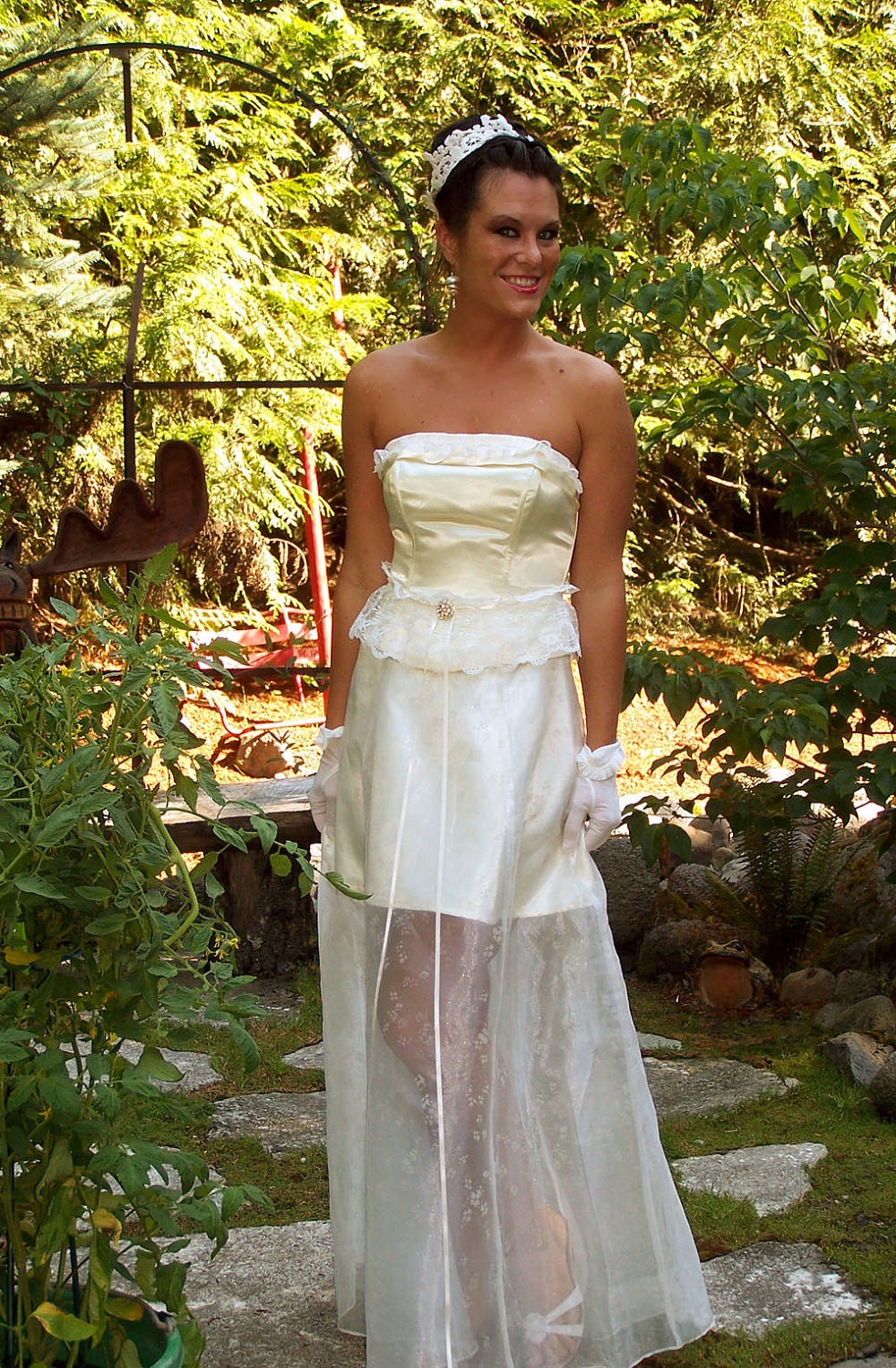 Aubrianna-Custom OOAK 2 pc Ivory Gown-Opaque Organza over Satin Mini Skirt-Satin Corset Top Vintage lace-CRBoggs Original OOAK