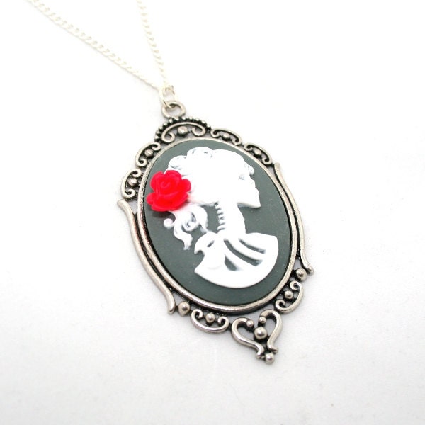 SALE - Halloween Bride Necklace, Skeleton Cameo, Lolita, Day of the Dead