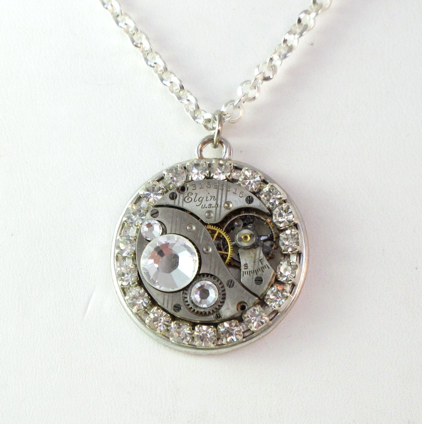 Steampunk Crystals OOAK Necklace Vintage 1929 Elgin Watch Movement Exclusive Design By Mystic Pieces