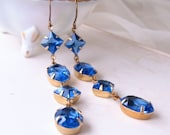 Long drop sapphire blue vintage rhinestone earrings