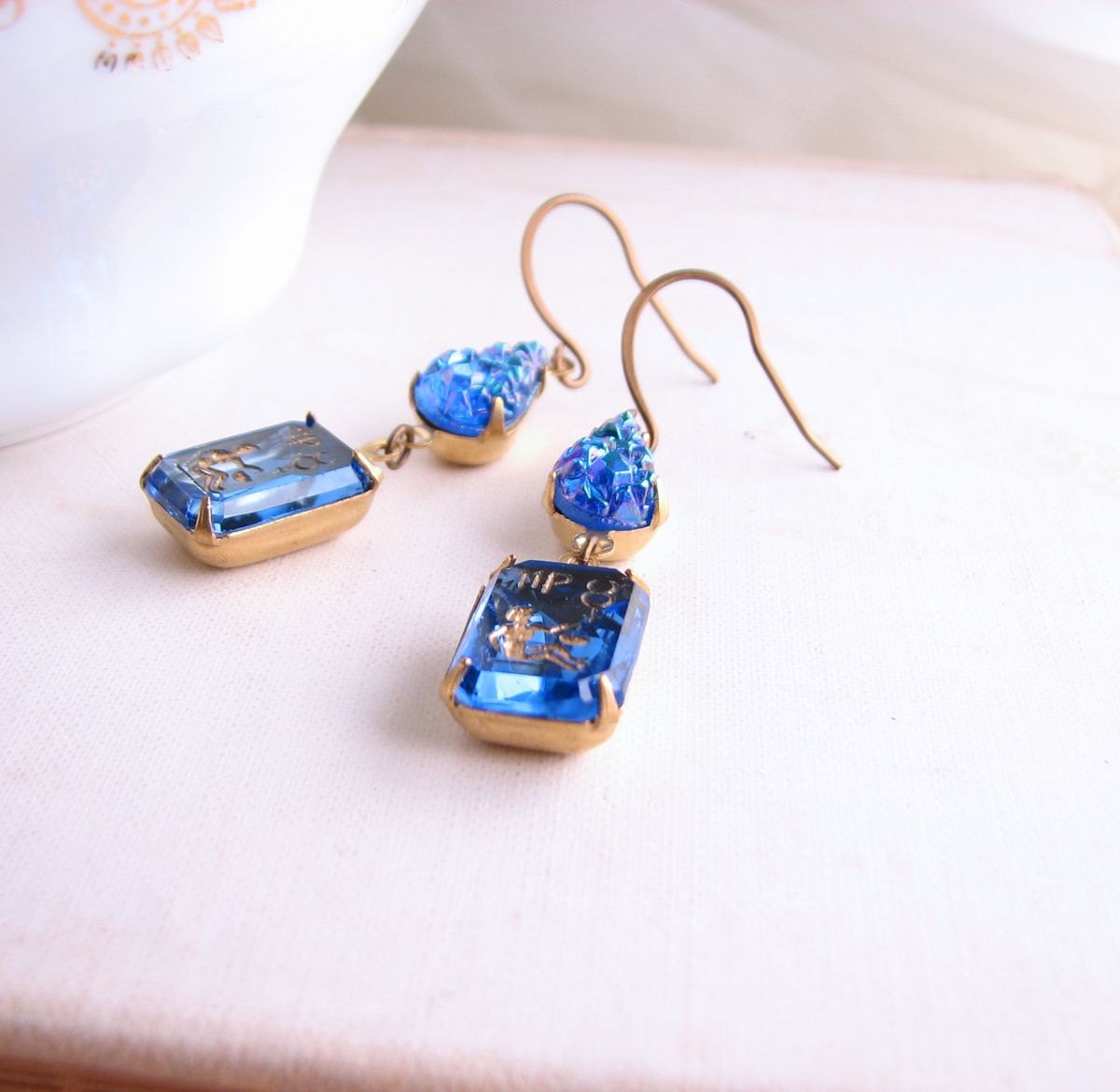 VIRGO Sapphire rhinestone earrings vintage sapphire blue crystal