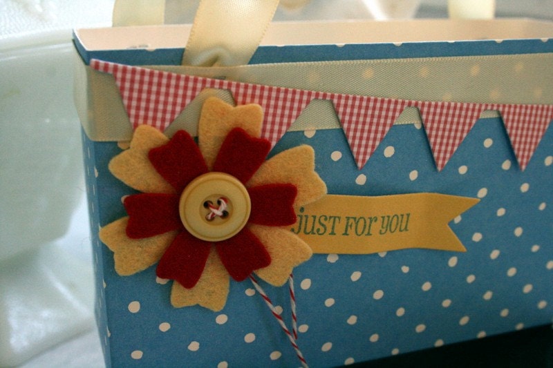 Handmade Gift Box Tote Bag Blue Polka Dots Yellow and Red Felt Flower Just For You Party Favor Bridesmaid Box
