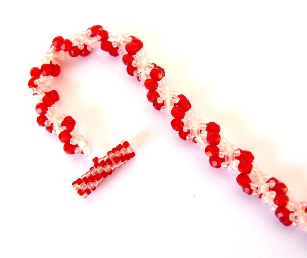 Sale Candy Cane Bracelet Red and White Beadwork Christmas Jewelry Holiday Peppermint Candy Bead Weaving Free Shipping