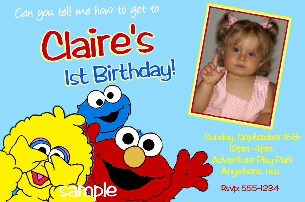 Sesame Street Birthday Invitations, Elmo, Cookie Monster, Big Bird  Printable Photo Card,