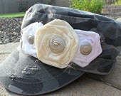 Grey Camo Army Print Military Style Cadet Hat With White and Cream Flowers