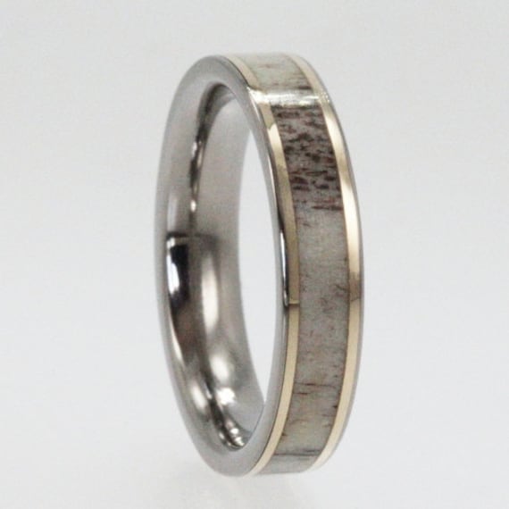 Titanium Ring inlaid with Deer Antler and two 14K Gold Pinstripes