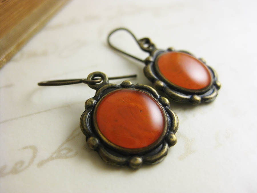 Tangerine Red Scallop Earrings - Handpainted Brass dangle - Art Deco resin earrings - brass french fish hooks