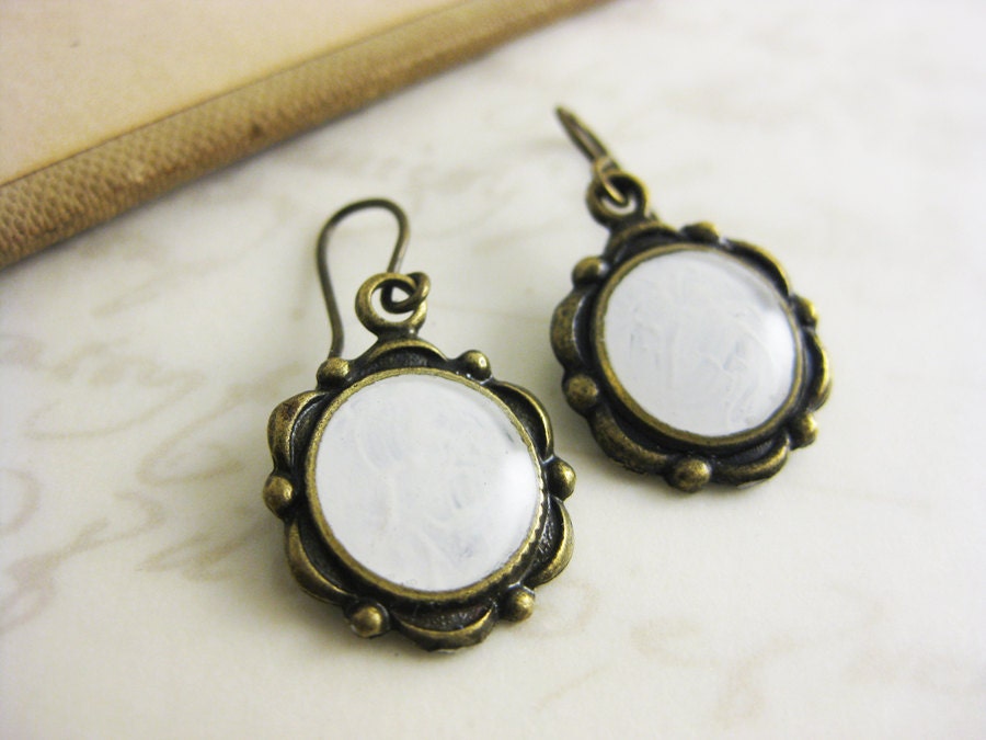 White Dangle Earrings - Handpainted Jewelry - scallop brass earrings - fish hook earrings