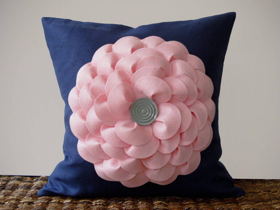 DECORATIVE PILLOW - Large Pastel Pink Flower - Navy Linen with Gray Button Center by JillianReneDecor Nursery Decor Gift for Her