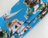 Tropical Holiday Napkins / Aqua Blue - Peach - White - Green / Ocean Beach - Sailboat - Palm Trees - Flowers - Seaside Villa / Set of 4
