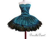 Sexy Satin Peakock Birdie Dress Custom in your size feathers satin teal prom gown runway couture PriscillaDawn