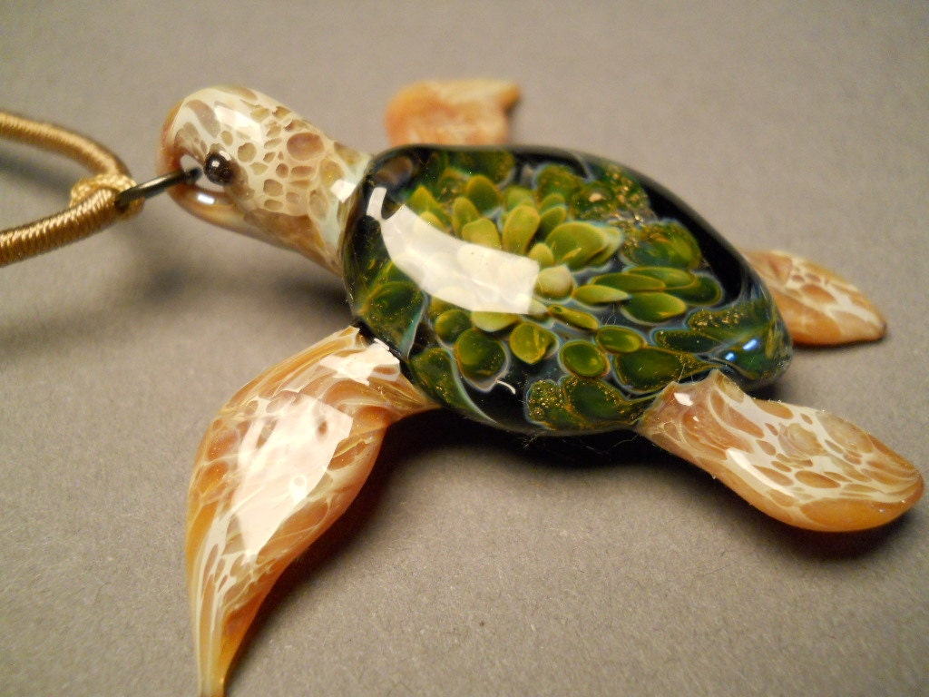 Tide pool Series Green Glass SeaTurtle pendant  with tan adjustable  choker