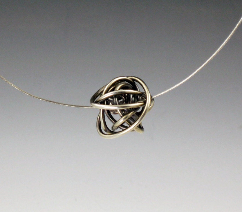 Oxidized Sterling Silver Orbit Necklace- ball, sphere, circle, wire wrapped