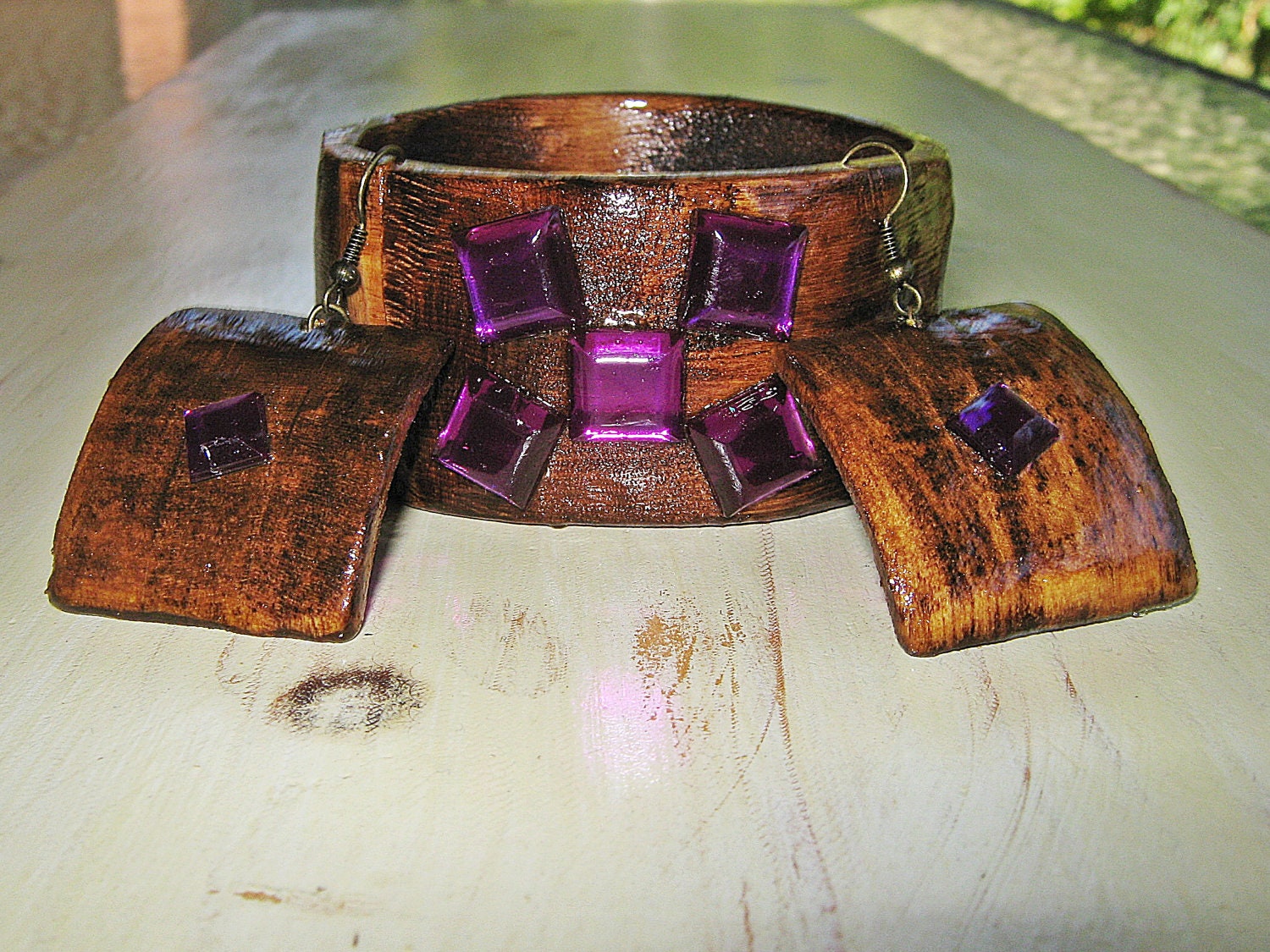 Wide Wooden Brown Bangle Bracelet with Earrings- with Purple Rhinestones