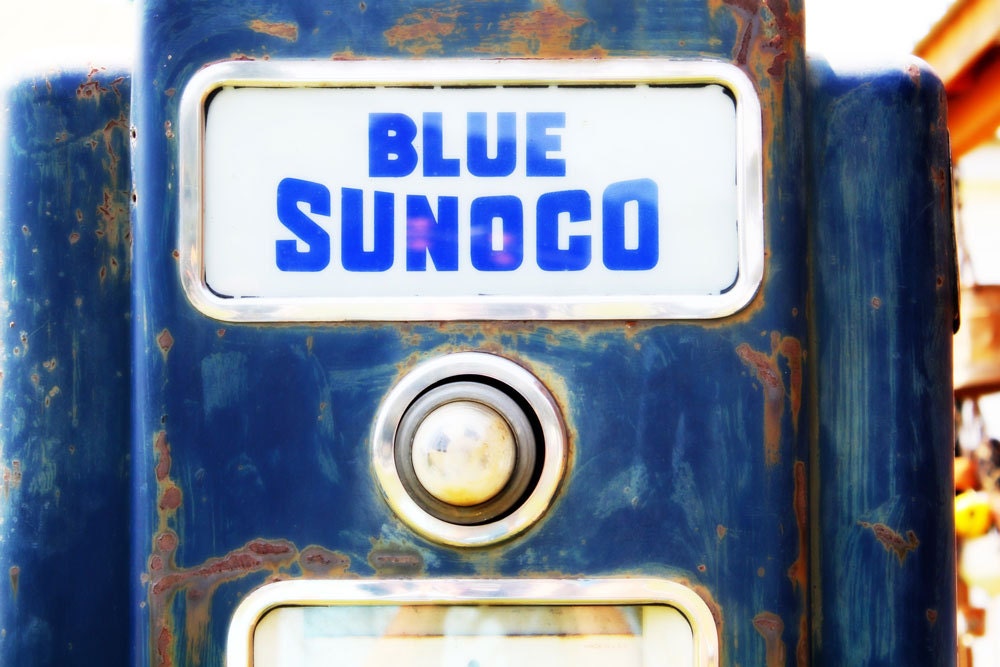 Vintage Blue Sunoco Gas Pump Fine Art Photography Print For Him Blue White Shimmering Metallic Photo