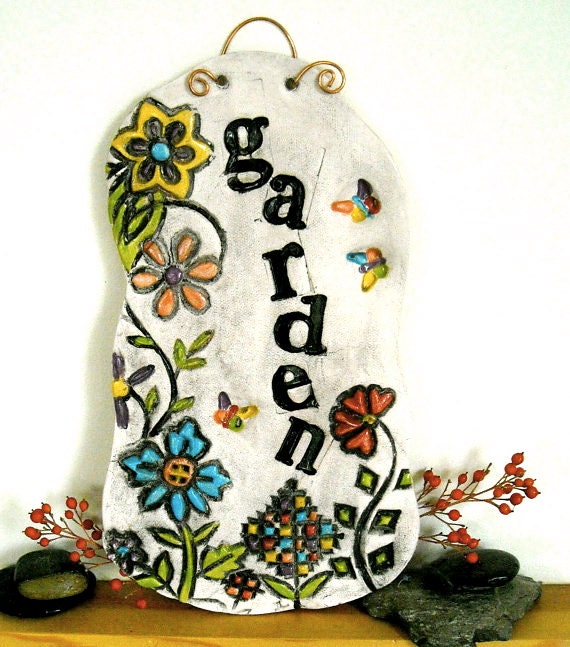 Garden Sign - HandMade Eco Organic Rainbow Flower Gardening Tile Decoration - Whimsical Stamped Rustic Floral Plaque - Gardener Gift