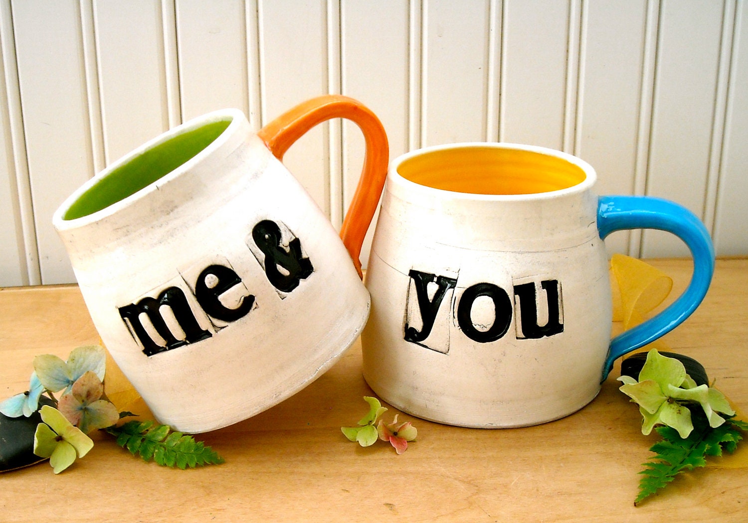 Me & You Coffee Mugs - 2-Piece Couples Mug SET - HandMade Wheel Thrown Pottery Tea, Espresso Cups - Letterpress Stamped Wedding Gift