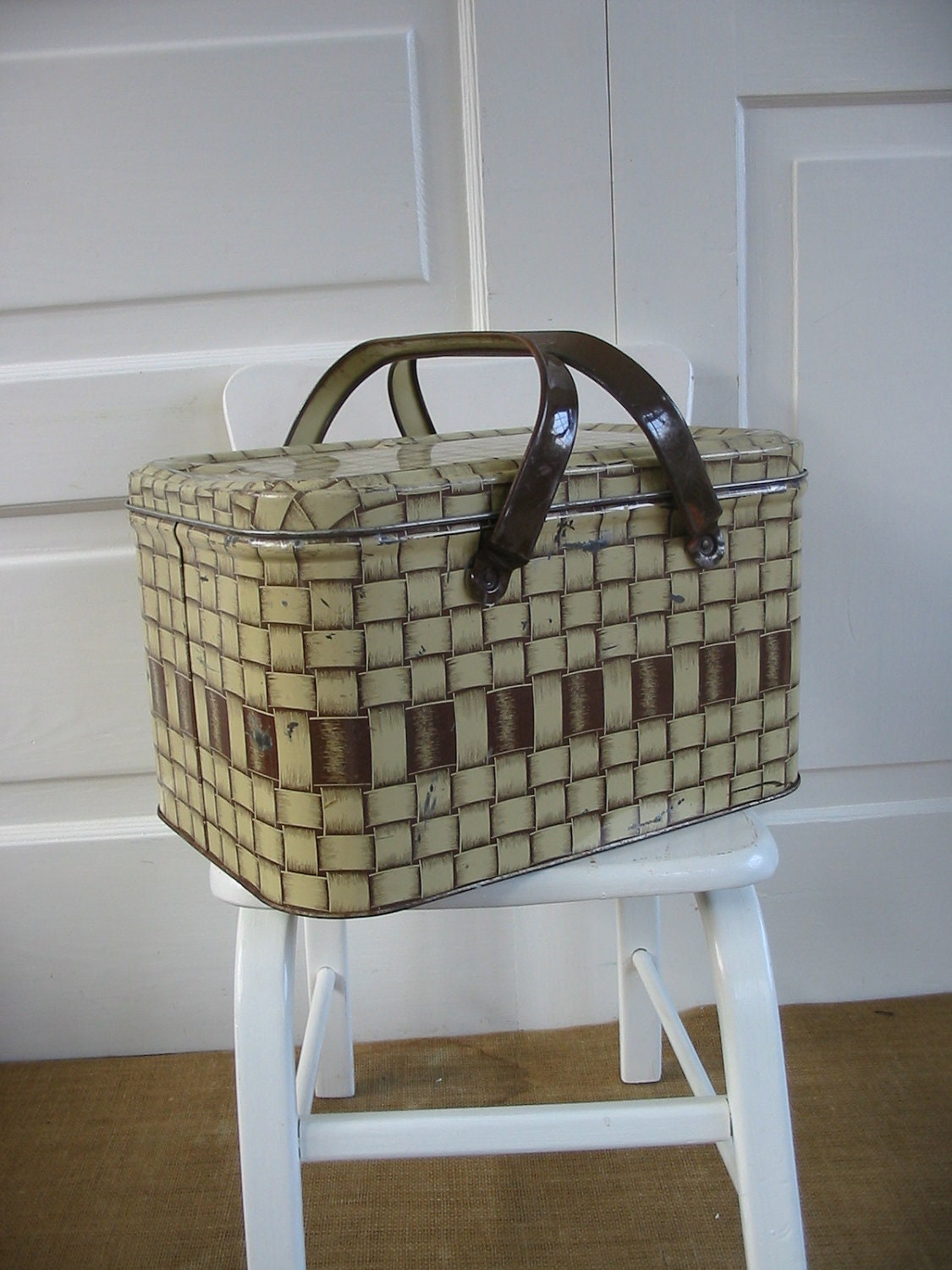 Vintage Metal Basket Picnic Brown Biscuit Tin