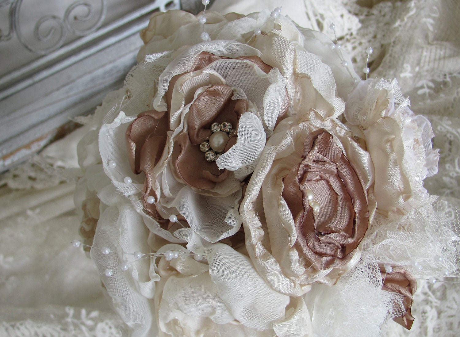 Bridal  Bouquet Rhinestones and Pearls  Vintage Inspired Custom Made