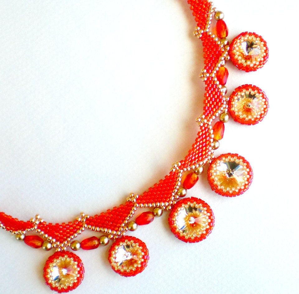 Rivoli Crystal Beadwoven Necklace Orange Tangerine Tango Unique Beaded Beadwork Beadweaving Jewelry