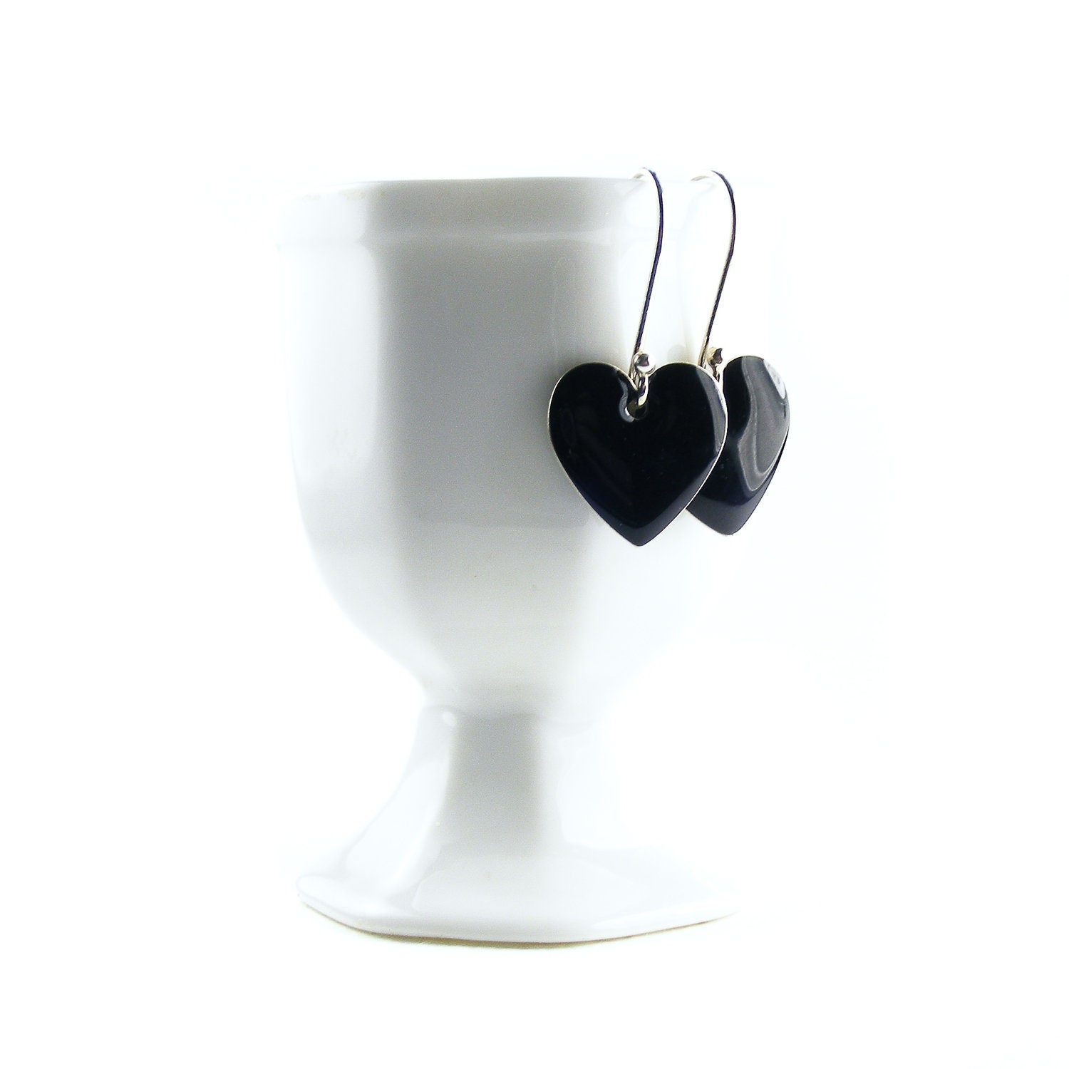 Black Heart Earrings, Handcrafted Sterling Silver & Enamel Earrings